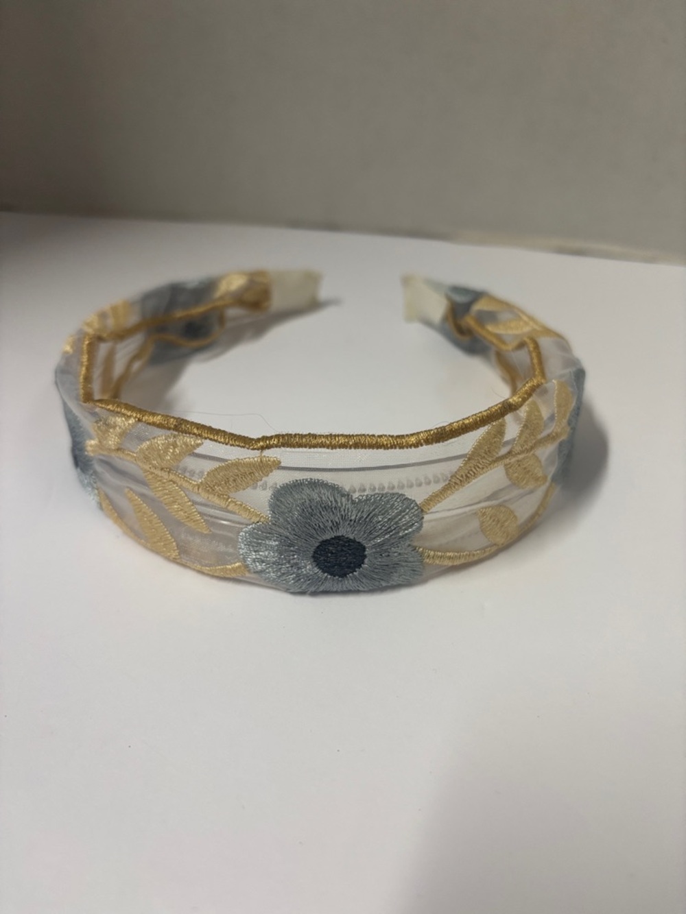 Gold and Light Blue Embroidered Floral Headband